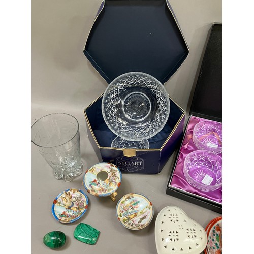 63 - A boxed Stuart crystal bowl and another, an Edinburgh crystal box of dessert bowls, an ironstone pla... 