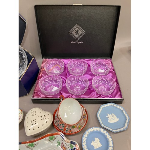 63 - A boxed Stuart crystal bowl and another, an Edinburgh crystal box of dessert bowls, an ironstone pla... 