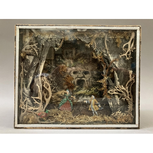 3 - A folk art diorama in glass fronted case, the background having a scene of open mouthed cave, with f... 