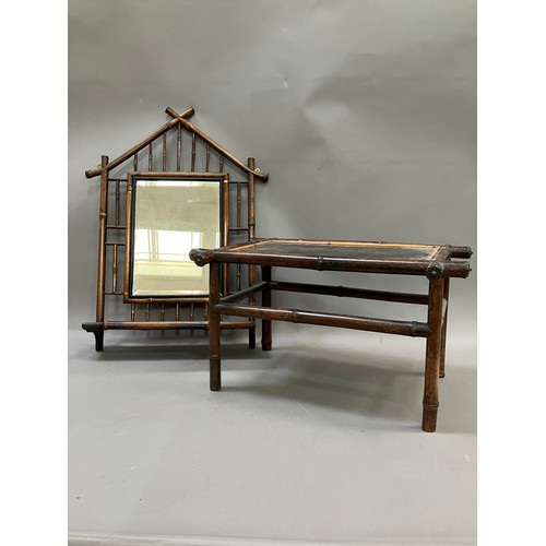 73 - A 19th century bamboo wall mirror, with Japanned lower shelf 62cm high together with a small bamboo ... 