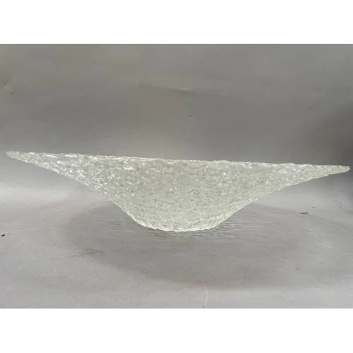 9 - A large, broad-rimmed, textured glass pedestal bowl, in the style of Whitefriars