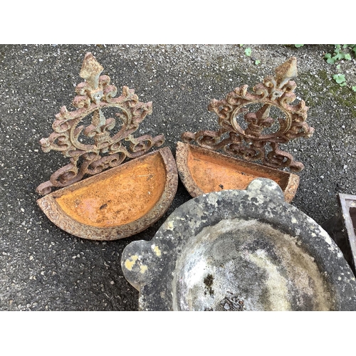 103 - A collection of garden ornaments comprising galvanised tin rectangular planter, two wall mounted bir... 