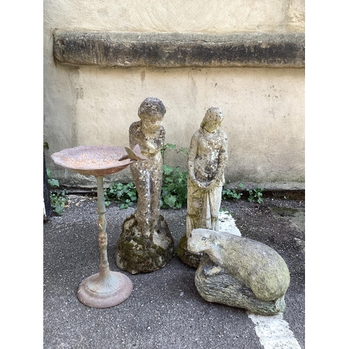 112 - Two cast garden ornaments, one formed as a woman and another figure of a child, together with a smal... 