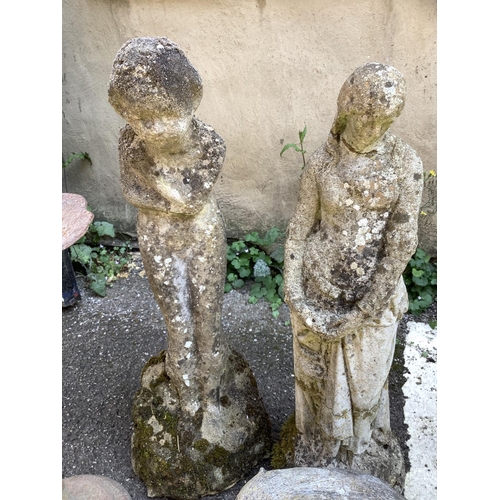 112 - Two cast garden ornaments, one formed as a woman and another figure of a child, together with a smal... 