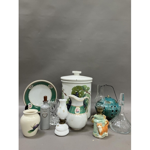 68 - A collection of ceramics including washbowl and jug together with two oil lamps etc