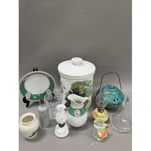 68 - A collection of ceramics including washbowl and jug together with two oil lamps etc