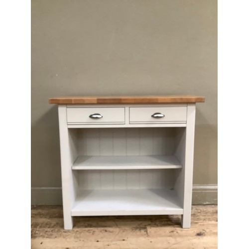 93 - A grey painted and oak kitchen console table having two drawers with brushed chrome handles and unde... 