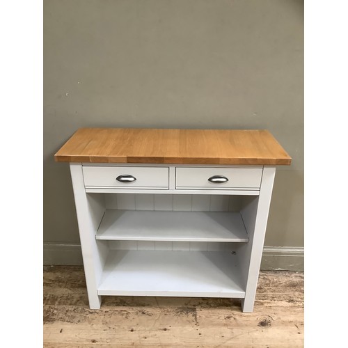 93 - A grey painted and oak kitchen console table having two drawers with brushed chrome handles and unde... 