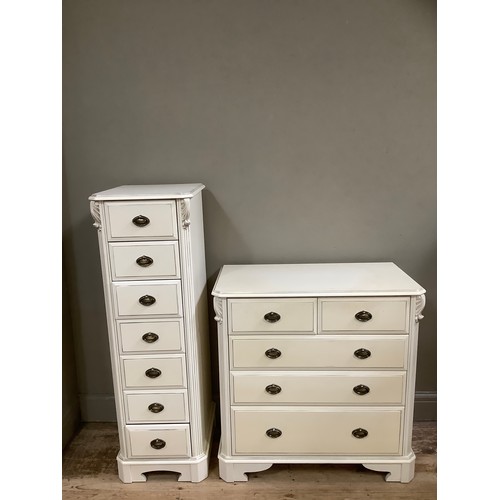 83 - A white, painted wellington chest of seven drawers, together with a chest of two short over three lo... 