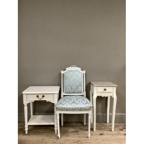 91 - A white painted side table with drawer and under tier another side table with an oak top and drawer ... 