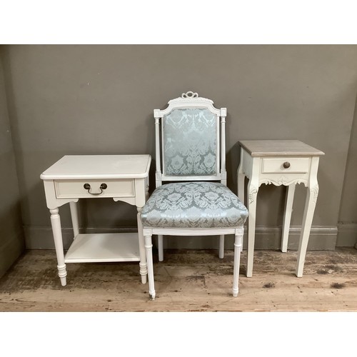 91 - A white painted side table with drawer and under tier another side table with an oak top and drawer ... 