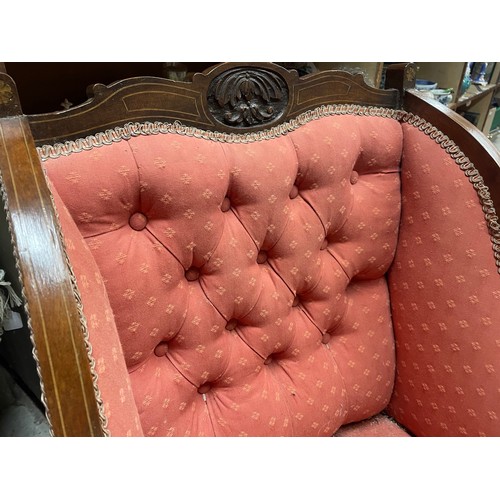 96 - A pair of Edwardian, inlaid, mahogany salon chairs with button backs upholstered in red fabric on ca... 