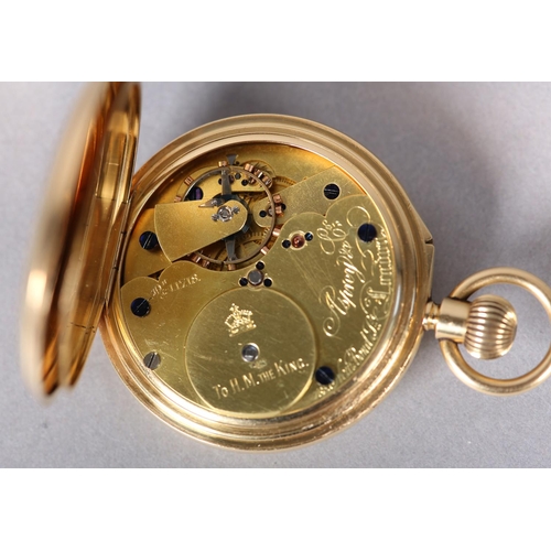 271 - AN EDWARD VII POCKET WATCH BY ASPREY & CO, in 18ct gold half hunter case London 1907 for Fred Thomas... 