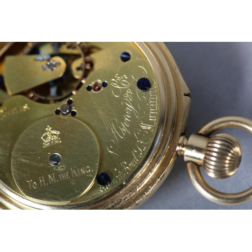 271 - AN EDWARD VII POCKET WATCH BY ASPREY & CO, in 18ct gold half hunter case London 1907 for Fred Thomas... 