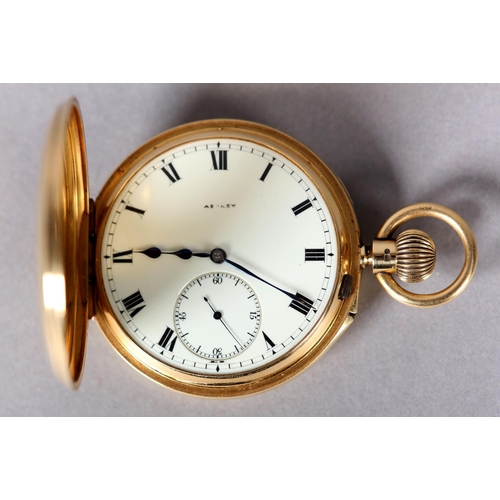 271 - AN EDWARD VII POCKET WATCH BY ASPREY & CO, in 18ct gold half hunter case London 1907 for Fred Thomas... 