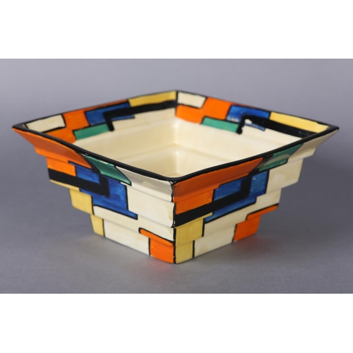 172 - A CLARICE CLIFF MONDRIAN* SQUARE STEPPED VASE OR BOWL c.1929, shape no.367, enamelled in orange, gre...