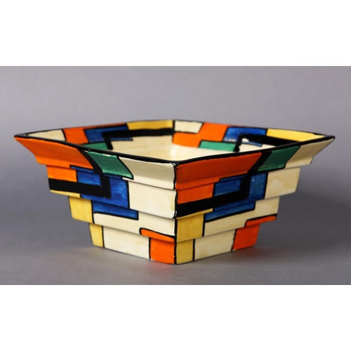 172 - A CLARICE CLIFF MONDRIAN* SQUARE STEPPED VASE OR BOWL c.1929, shape no.367, enamelled in orange, gre... 