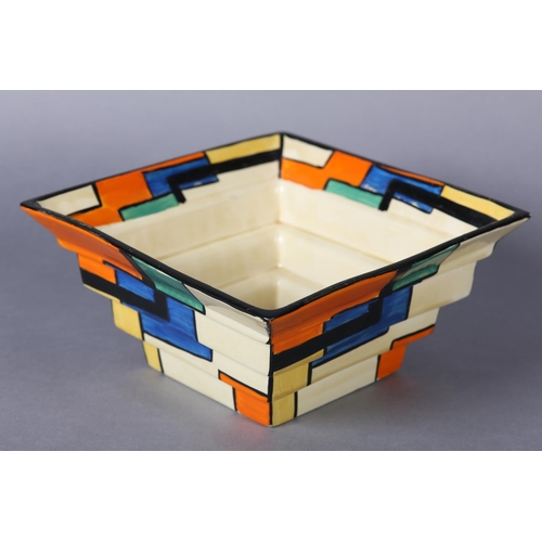 172 - A CLARICE CLIFF MONDRIAN* SQUARE STEPPED VASE OR BOWL c.1929, shape no.367, enamelled in orange, gre... 