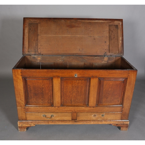 379 - AN 18TH CENTURY OAK MULE CHEST having a hinged top above a triple field panel front and two drawers,... 