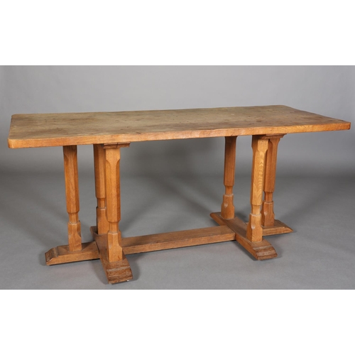 311 - SCHOOL OF THOMPSON OF KILBURN, An adzed oak rectory table c.1940s on triple chamfered leg standards,... 