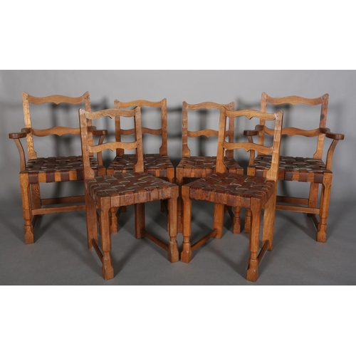 312 - SCHOOL OF THOMPSON OF KILBURN, A set of six oak dining chairs, c.1940s, having an ogee arched top ra... 