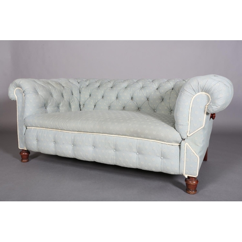 367 - A VICTORIAN CHESTERFIELD SOFA, upholstered in buttoned duck egg blue fabric, with drop end and on tu... 