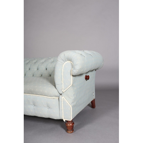 367 - A VICTORIAN CHESTERFIELD SOFA, upholstered in buttoned duck egg blue fabric, with drop end and on tu... 