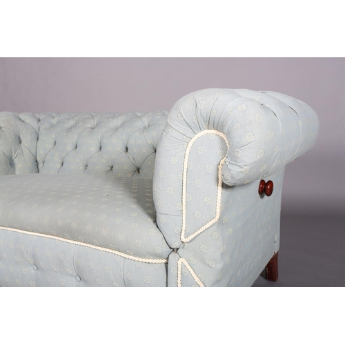 367 - A VICTORIAN CHESTERFIELD SOFA, upholstered in buttoned duck egg blue fabric, with drop end and on tu... 