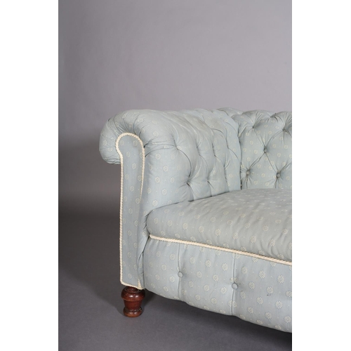 367 - A VICTORIAN CHESTERFIELD SOFA, upholstered in buttoned duck egg blue fabric, with drop end and on tu... 