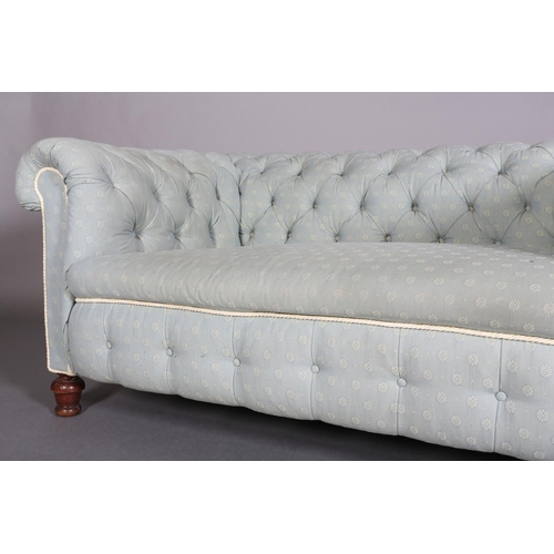 367 - A VICTORIAN CHESTERFIELD SOFA, upholstered in buttoned duck egg blue fabric, with drop end and on tu... 