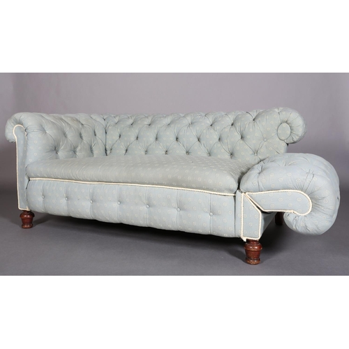 367 - A VICTORIAN CHESTERFIELD SOFA, upholstered in buttoned duck egg blue fabric, with drop end and on tu... 