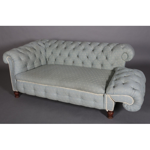 367 - A VICTORIAN CHESTERFIELD SOFA, upholstered in buttoned duck egg blue fabric, with drop end and on tu... 