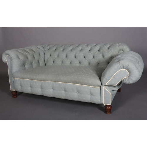 367 - A VICTORIAN CHESTERFIELD SOFA, upholstered in buttoned duck egg blue fabric, with drop end and on tu... 