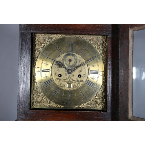 127 - A LATE 18TH/EARLY 19TH CENTURY OAK LONGCASE CLOCK BY THOMAS STORER OF DERBY, having a 30cm wide bras... 