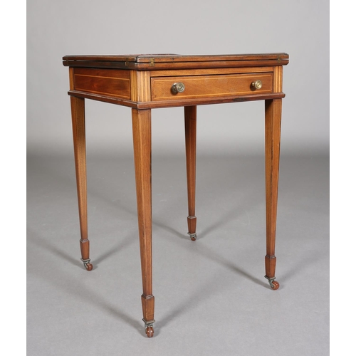 368 - AN EDWARD VII MAHOGANY ENVELOPE CARD TABLE, inlaid with boxwood stringing, the fold-out top lined in... 