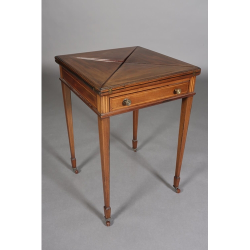 368 - AN EDWARD VII MAHOGANY ENVELOPE CARD TABLE, inlaid with boxwood stringing, the fold-out top lined in... 