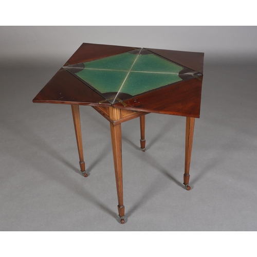 368 - AN EDWARD VII MAHOGANY ENVELOPE CARD TABLE, inlaid with boxwood stringing, the fold-out top lined in... 