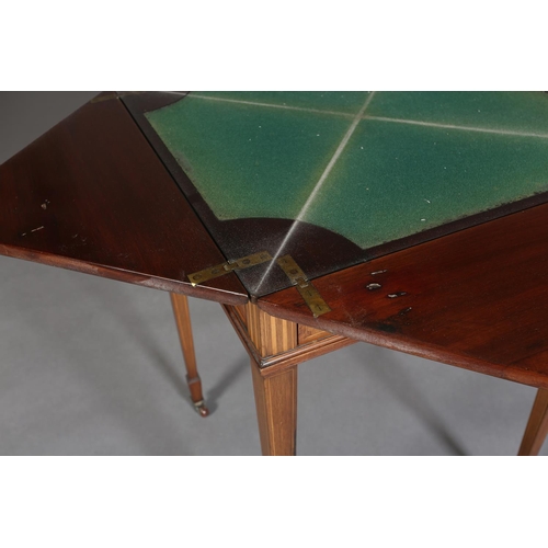 368 - AN EDWARD VII MAHOGANY ENVELOPE CARD TABLE, inlaid with boxwood stringing, the fold-out top lined in... 