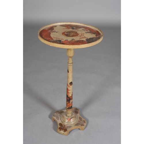 336 - AN EARLY 20TH CENTURY CHINOISERIE LACQUERED PEDESTAL TABLE circular with galleried rim, on tapered a... 