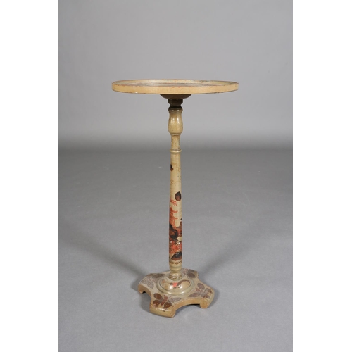 336 - AN EARLY 20TH CENTURY CHINOISERIE LACQUERED PEDESTAL TABLE circular with galleried rim, on tapered a... 