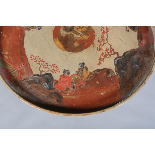 336 - AN EARLY 20TH CENTURY CHINOISERIE LACQUERED PEDESTAL TABLE circular with galleried rim, on tapered a... 