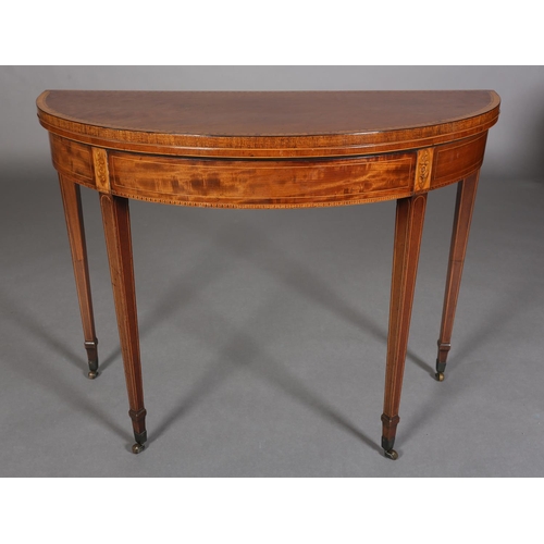 342 - A LATE 18TH CENTURY MAHOGANY DEMI-LUNE FOLD OVER TEA TABLE, crossbanded and inlaid in satinwood with... 