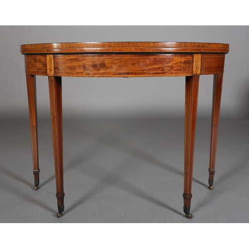 342 - A LATE 18TH CENTURY MAHOGANY DEMI-LUNE FOLD OVER TEA TABLE, crossbanded and inlaid in satinwood with... 