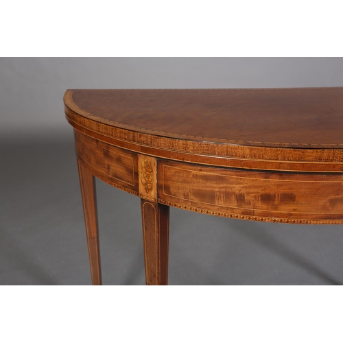 342 - A LATE 18TH CENTURY MAHOGANY DEMI-LUNE FOLD OVER TEA TABLE, crossbanded and inlaid in satinwood with... 