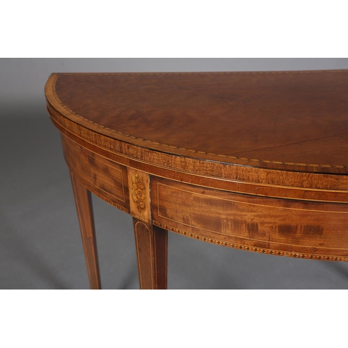 342 - A LATE 18TH CENTURY MAHOGANY DEMI-LUNE FOLD OVER TEA TABLE, crossbanded and inlaid in satinwood with... 