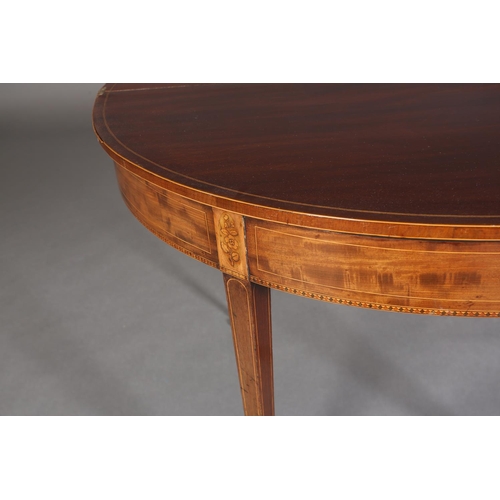 342 - A LATE 18TH CENTURY MAHOGANY DEMI-LUNE FOLD OVER TEA TABLE, crossbanded and inlaid in satinwood with... 