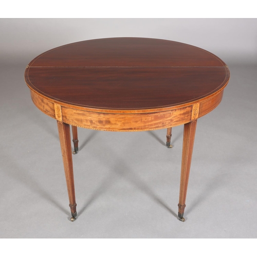 342 - A LATE 18TH CENTURY MAHOGANY DEMI-LUNE FOLD OVER TEA TABLE, crossbanded and inlaid in satinwood with... 