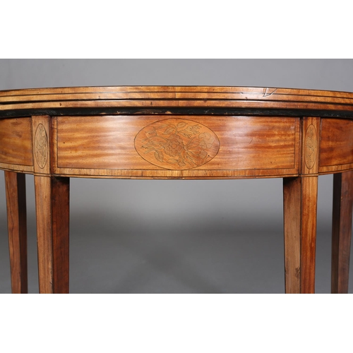 341 - A LATE 18TH CENTURY SATINWOOD DEMI-LUNE FOLD OVER TEA TABLE, crossbanded and inlaid in satinwood wit... 