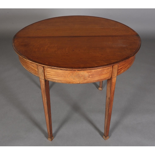 341 - A LATE 18TH CENTURY SATINWOOD DEMI-LUNE FOLD OVER TEA TABLE, crossbanded and inlaid in satinwood wit... 