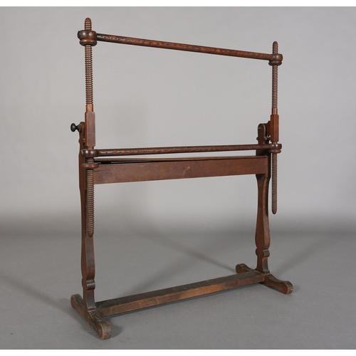 371 - A 19TH CENTURY MAHOGANY TAPESTRY LOOM with screw turned uprights, box stretcher and platform stretch... 